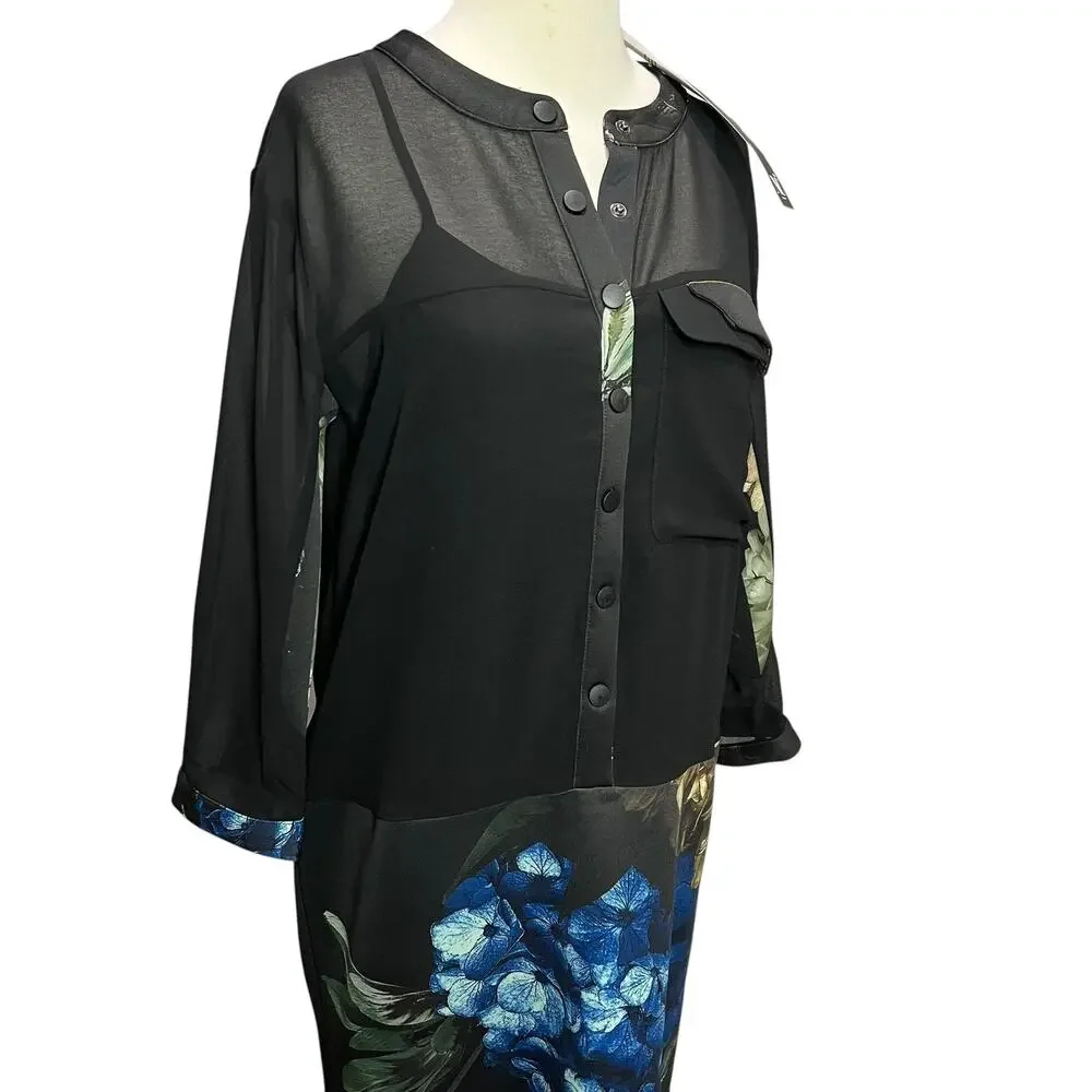 NU Denmark Dress Womens XS Black Blue Floral Sheer Button Romantic Goth Boho NEW
